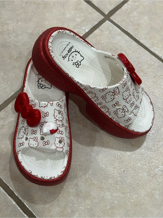 Hello Kitty Shoes - Hello Kitty Red and White Glitter Platform Slide Sandals with Bow Charm